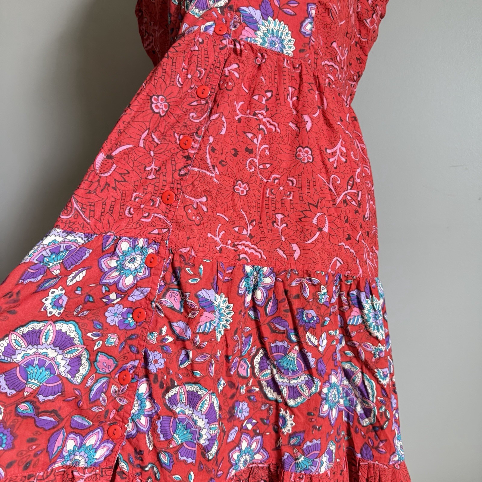 90s Red Floral Paisley Button Front Maxi Dress PL Peasant Boho Western Whimsy