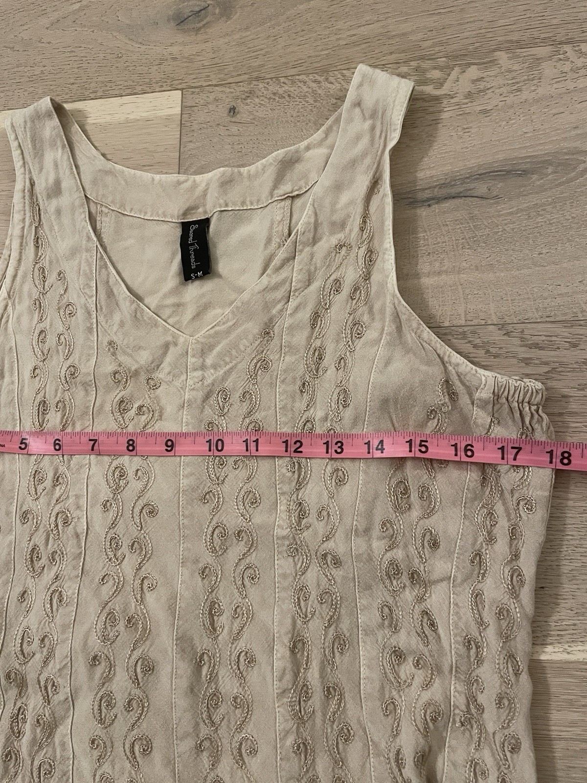 Sacred Threads Cream Tan Mini Dress Hippie Boho Embroidered Bohemian Flowy, M
