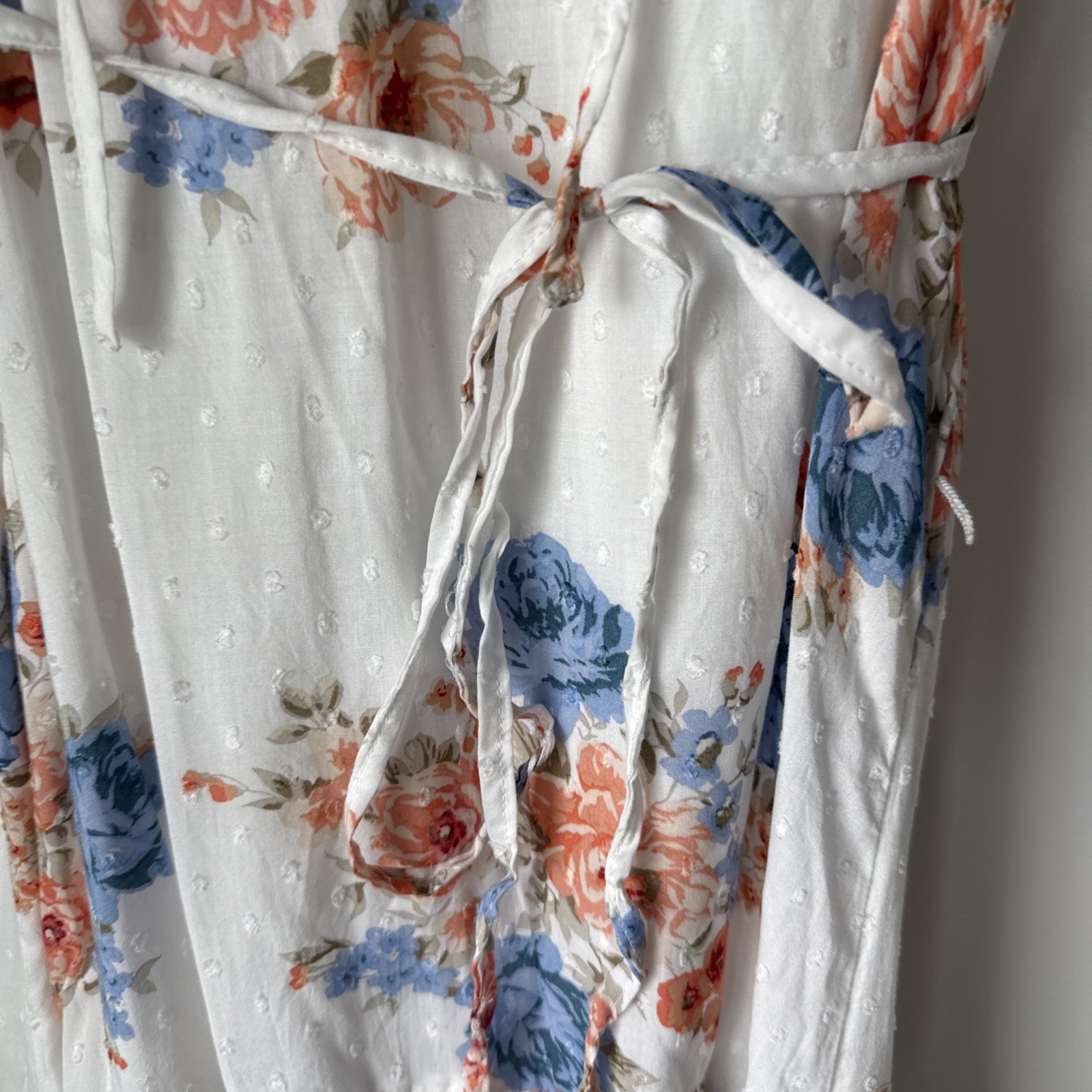 LOFT – White Floral Dress – XL – Lined – Orange and Blue Floral – Drawstring Ned