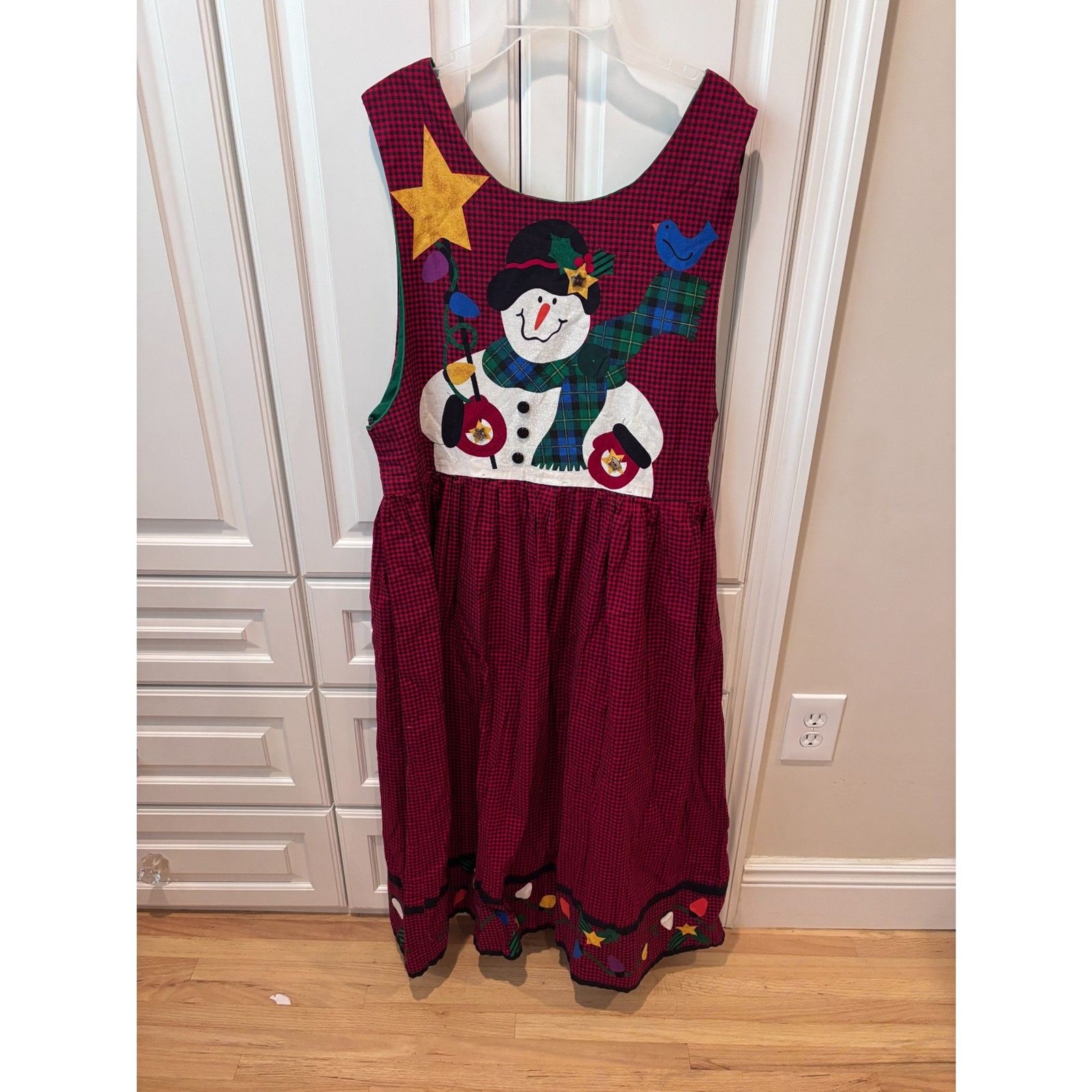 Vintage Handmade Christmas Jumper Dress Snowman Buffalo Plaid Holiday XL