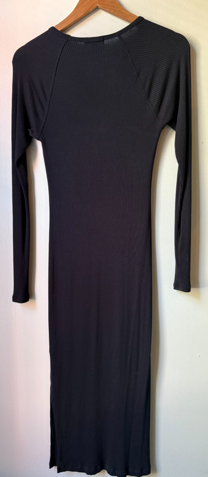 Beyond Yoga Contours Dress M Black Ribbed Modal Midi Long Sleeve USA EUC