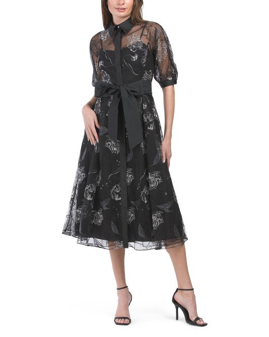 TERI JON Embroidered Puff-Sleeve Tulle Midi Dress (size 18)