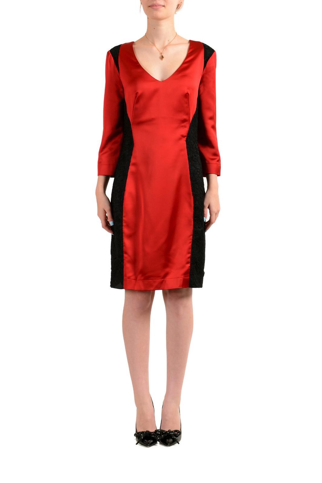 Just Cavalli Women’s Red V-Neck 3/4 Sleeve A-Line Pencil Dress US L IT 44