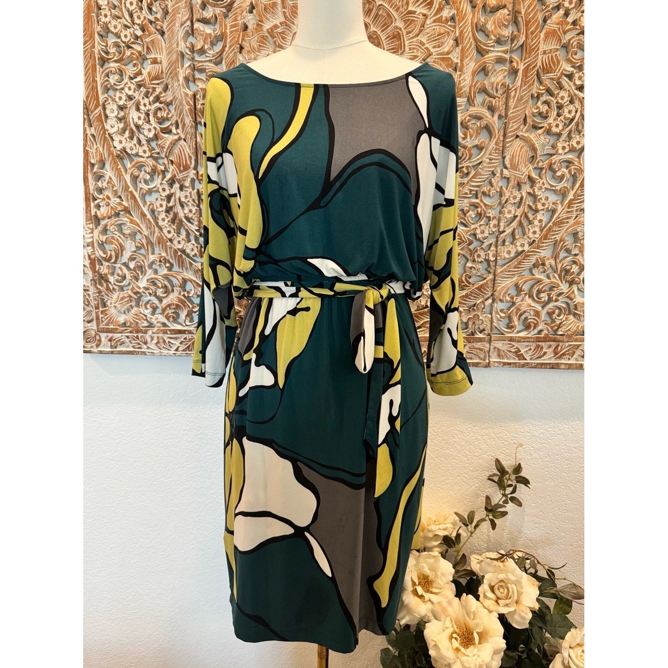 Max & Cleo Jersey Stretch Midi Dress Abstract Green Floral- size S