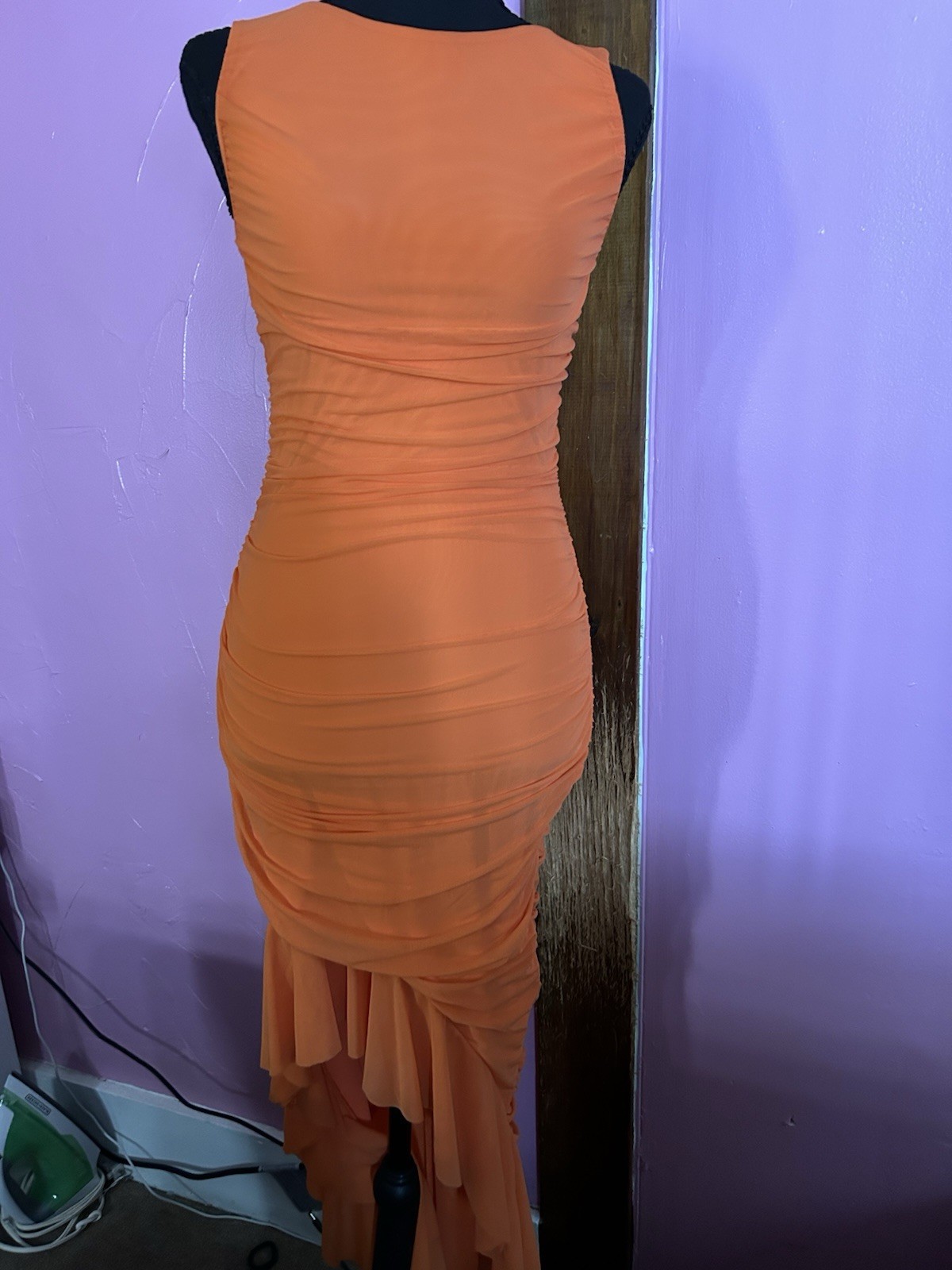 Zesica Square Neck Orange Ruched Bodycon Midi Dress, Sleeveless Strappy, S