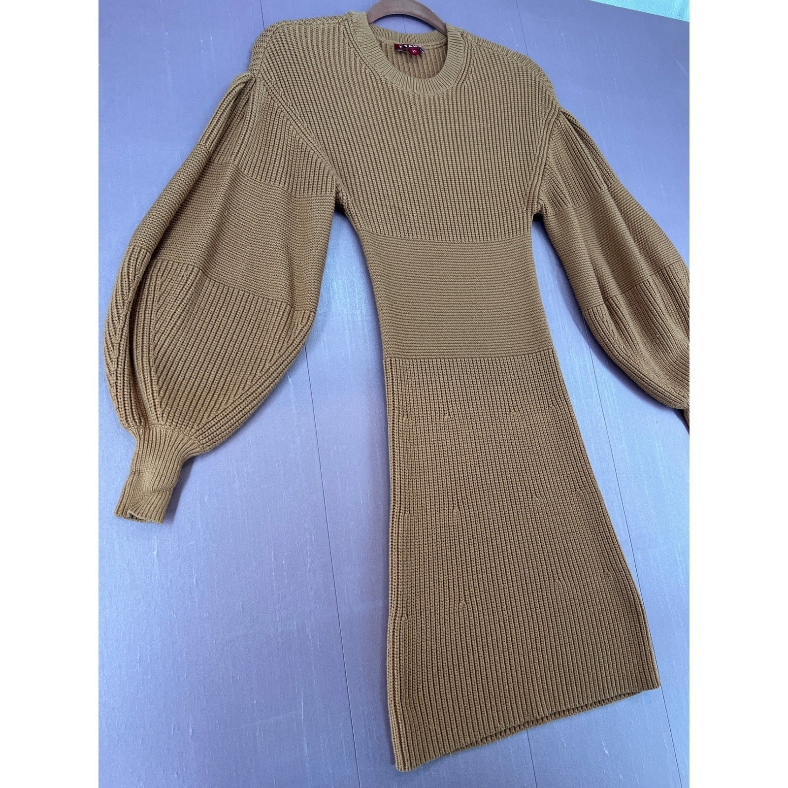 Staud Marleybone Neutral Camel Ribbed Knit Balloon Sleeve Mini Sweater Dress XS