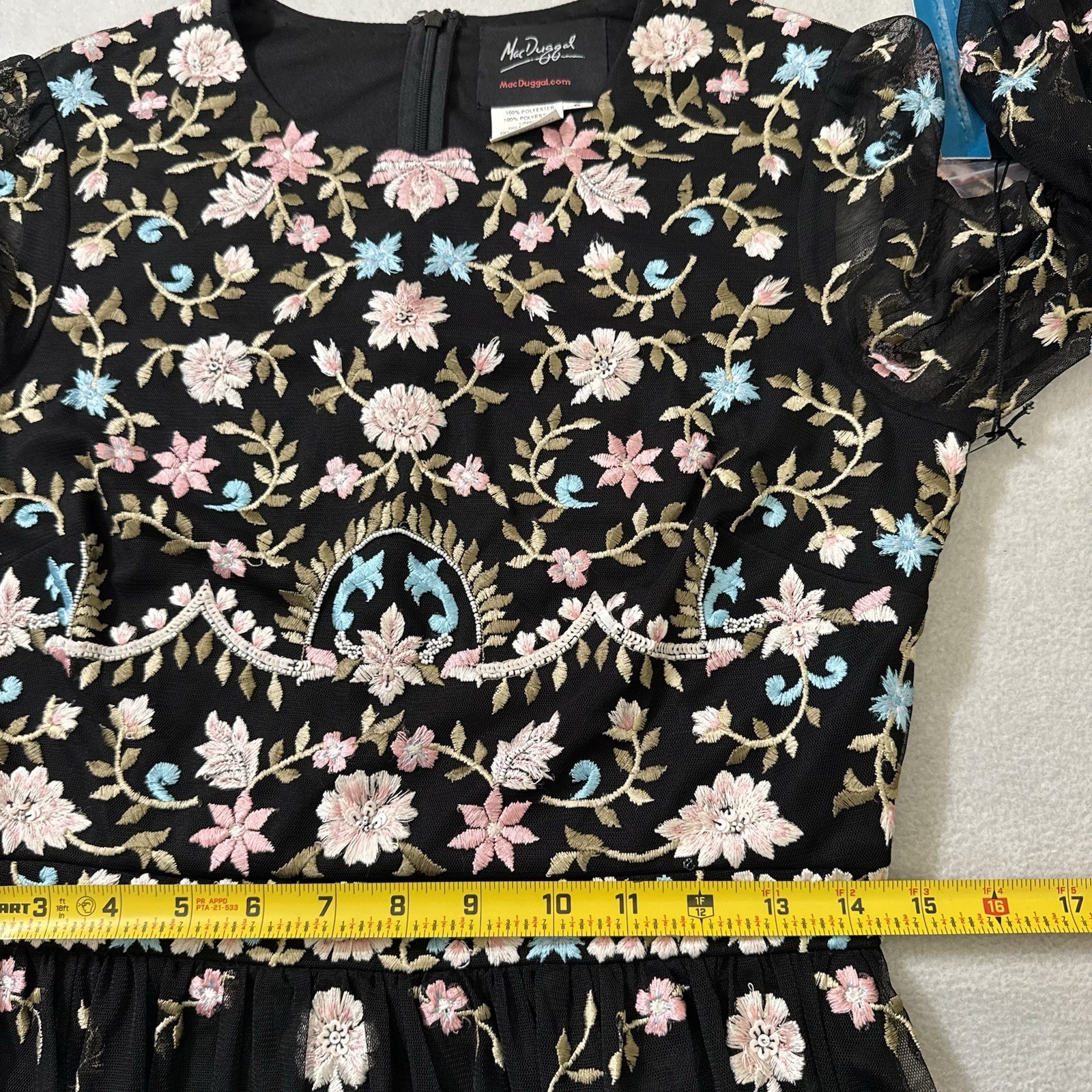 Mac Duggal 35111 Embroidered Floral Gown Black Long Bishop Sleeve Size 8 NWT