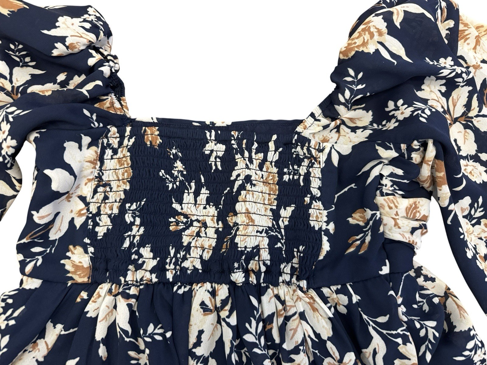 Abercrombie & Fitch XSP Navy Floral Mini Dress Puff Sleeve Smocked Back Square