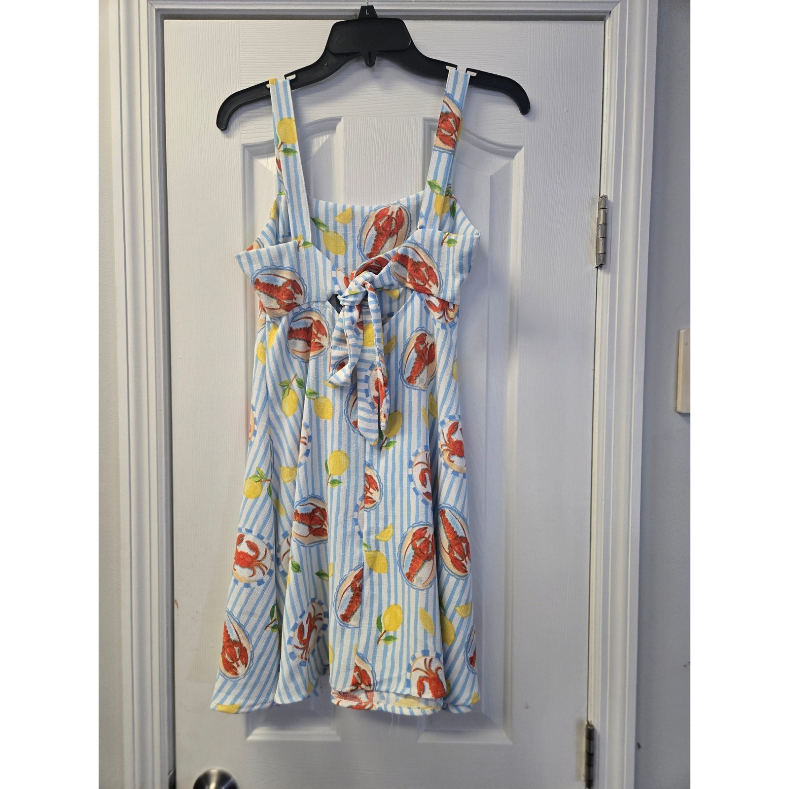Blue White Stripe Lobster Crab Lemon Tie Back Sundress Coastal Resortwear Small