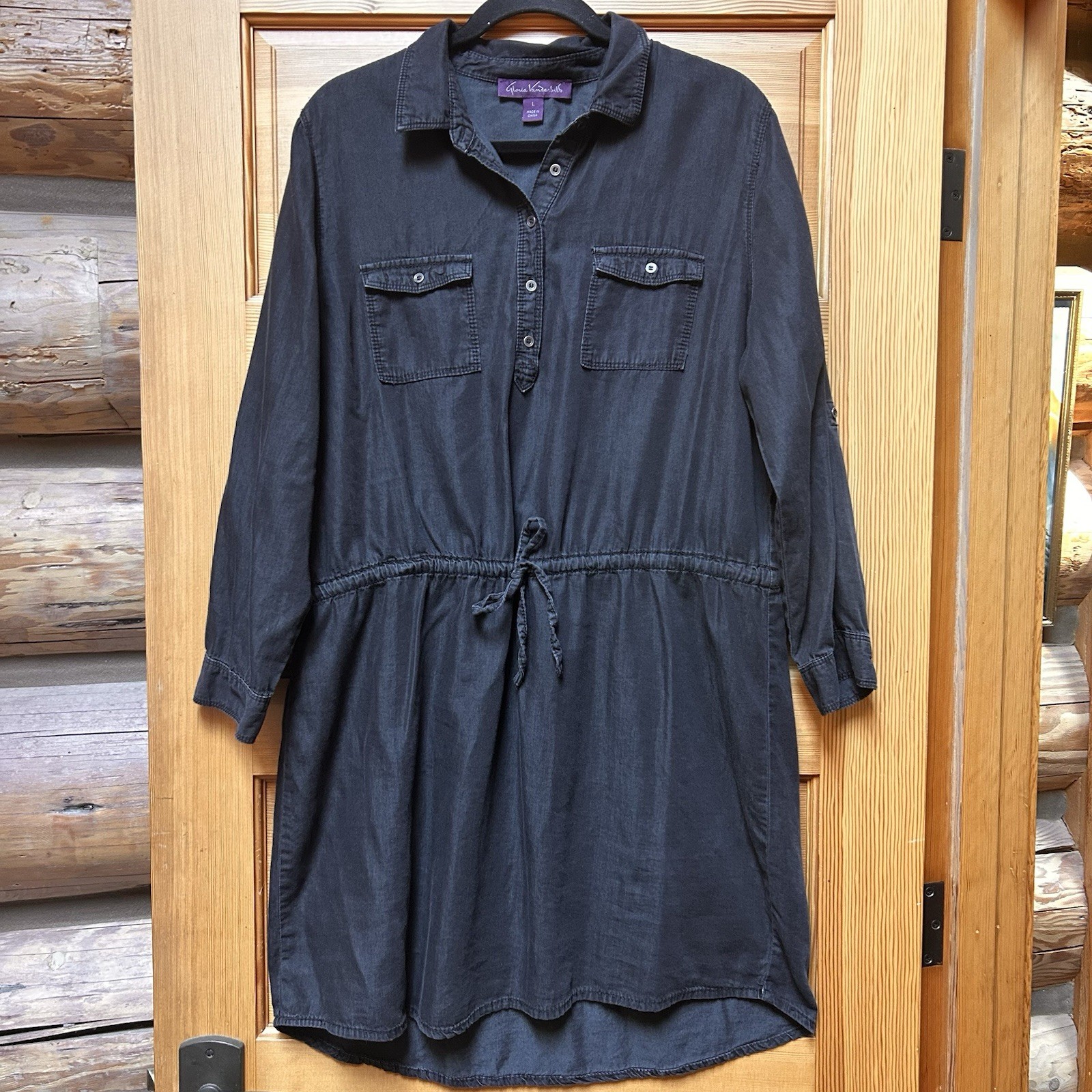 Gloria Vanderbilt Ashleigh Black Chambray Short Shirt Dress Drawstring Tie Large