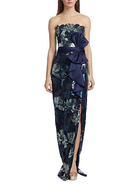 Marchesa Notte Navy & Silver Sequin Mikado Bow Gown With Deep Slit sz 6 $995