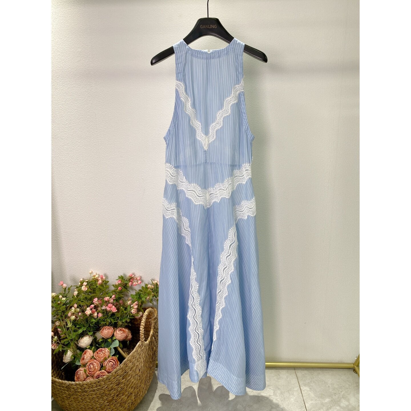 sandro Blue Striped Lace patchwork Sleeveless Dresses Women’s