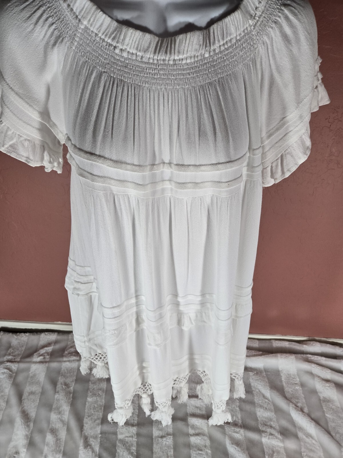 Vintage Havana White Off The Shoulder Tiered Crochet Fringe Hem Dress Size S