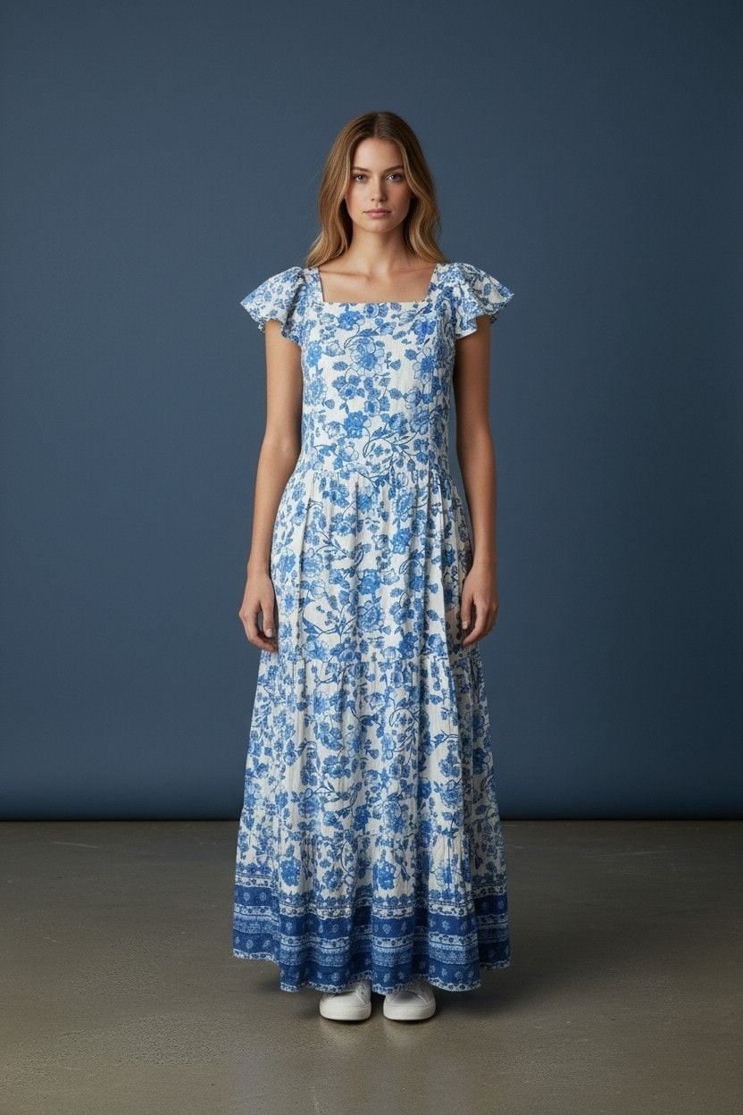 Chenault + Pink & Violet Blue and White Floral Print Flutter Sleeve Tiered Maxi