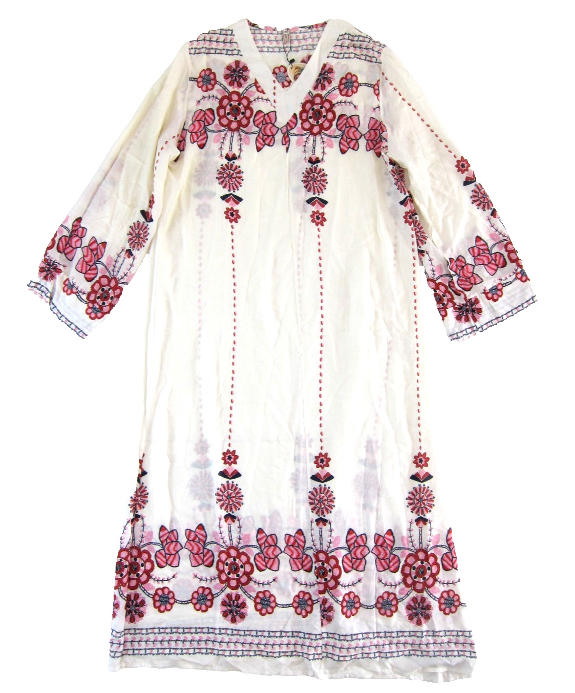 NWT LUOMEIDISHA Ivory Pink Floral Rayon V-Neck Long Sleeve Kaftan Maxi Dress XL