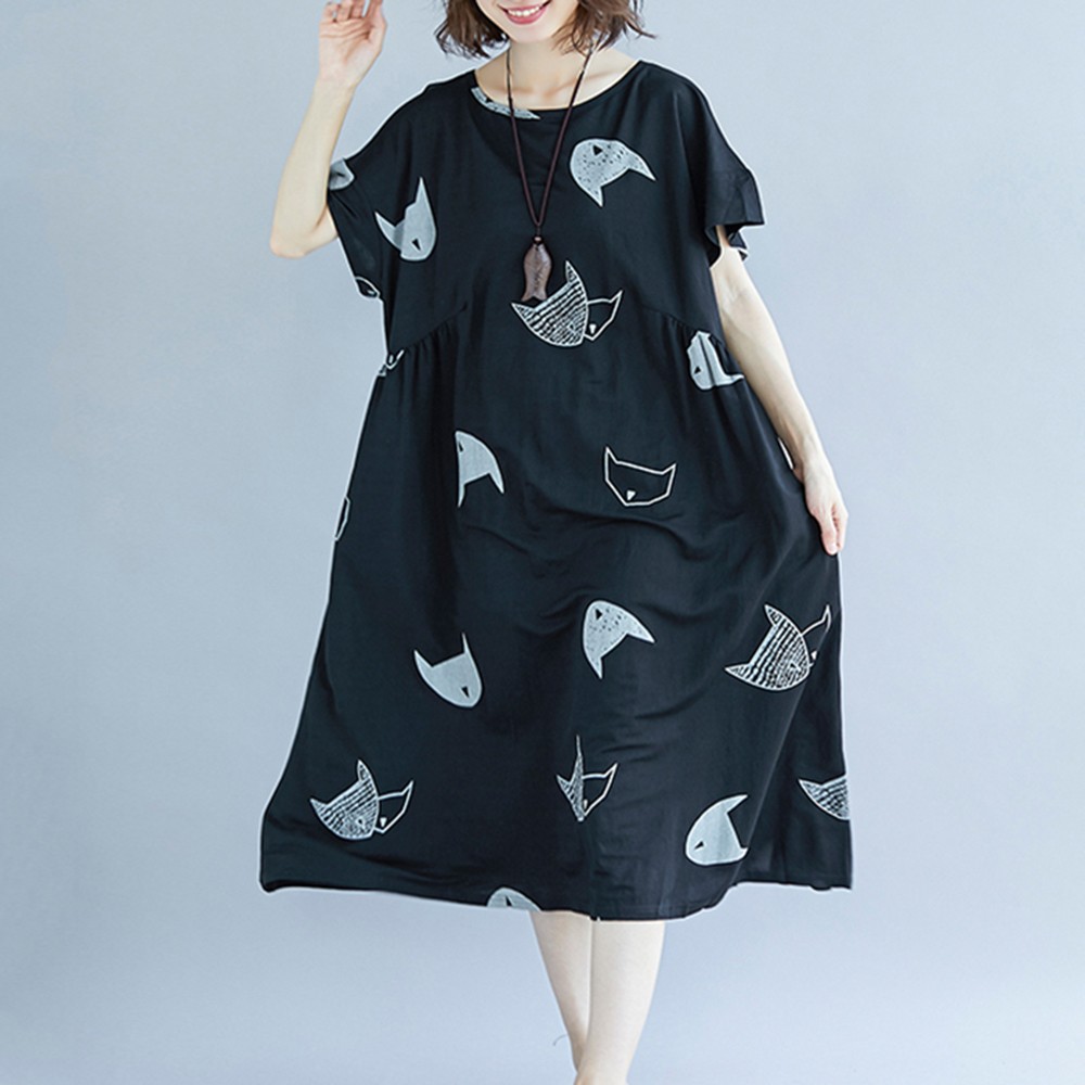 Plus Size Women Dress With Cute Character Cat Print For Fun