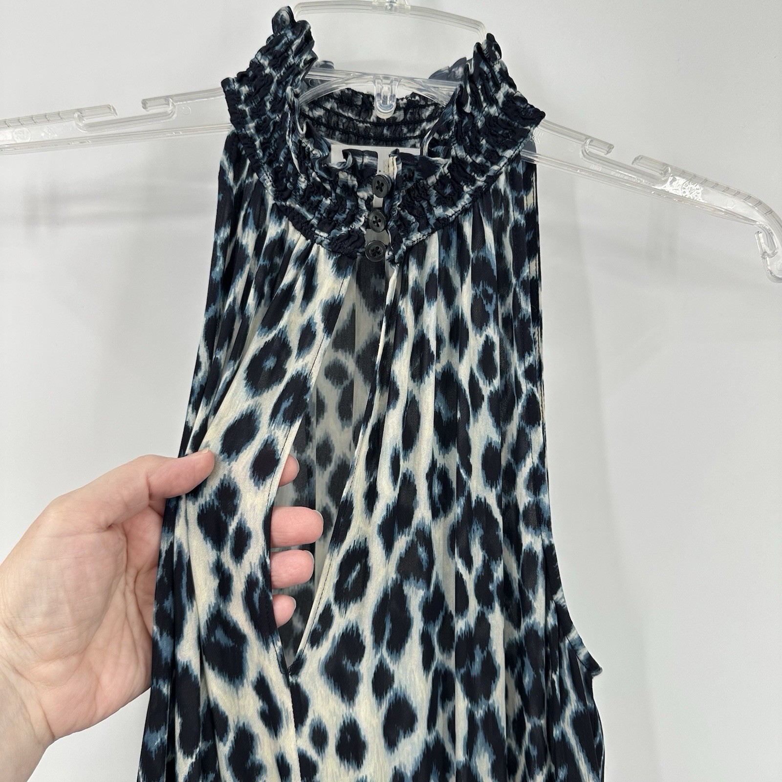 ALC CODY DRESS cream blue 2 leopard print halter cutout 100% silk midi sundress