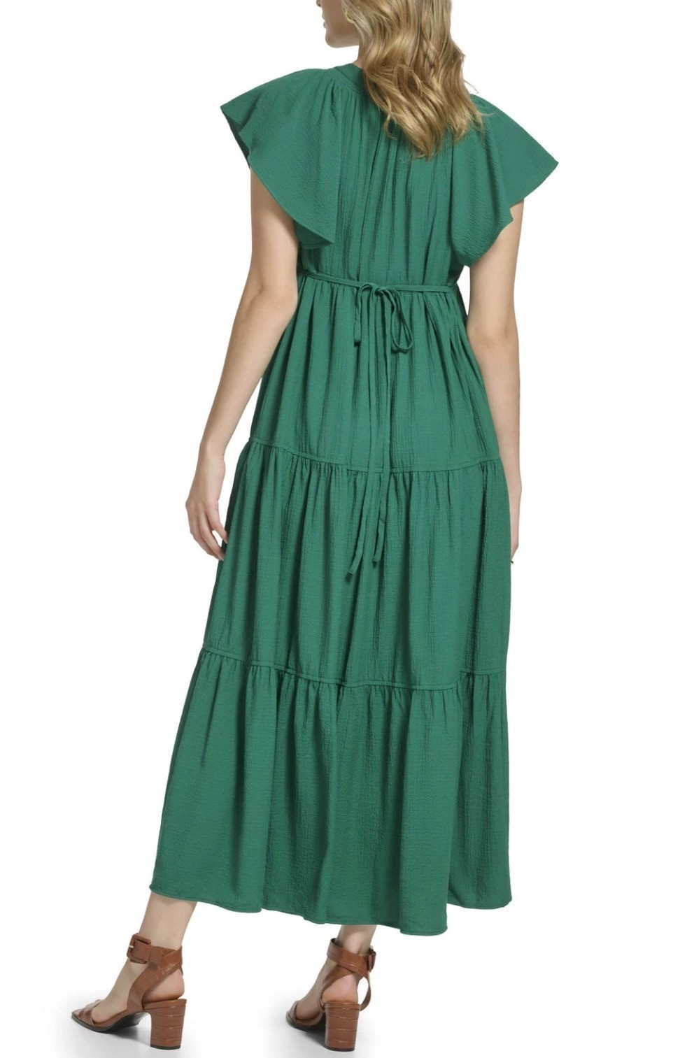 CA;VIN KLEIN Gauze Midi Dress with Pleated Tiers Split V-Neckline Women’s Sz 6
