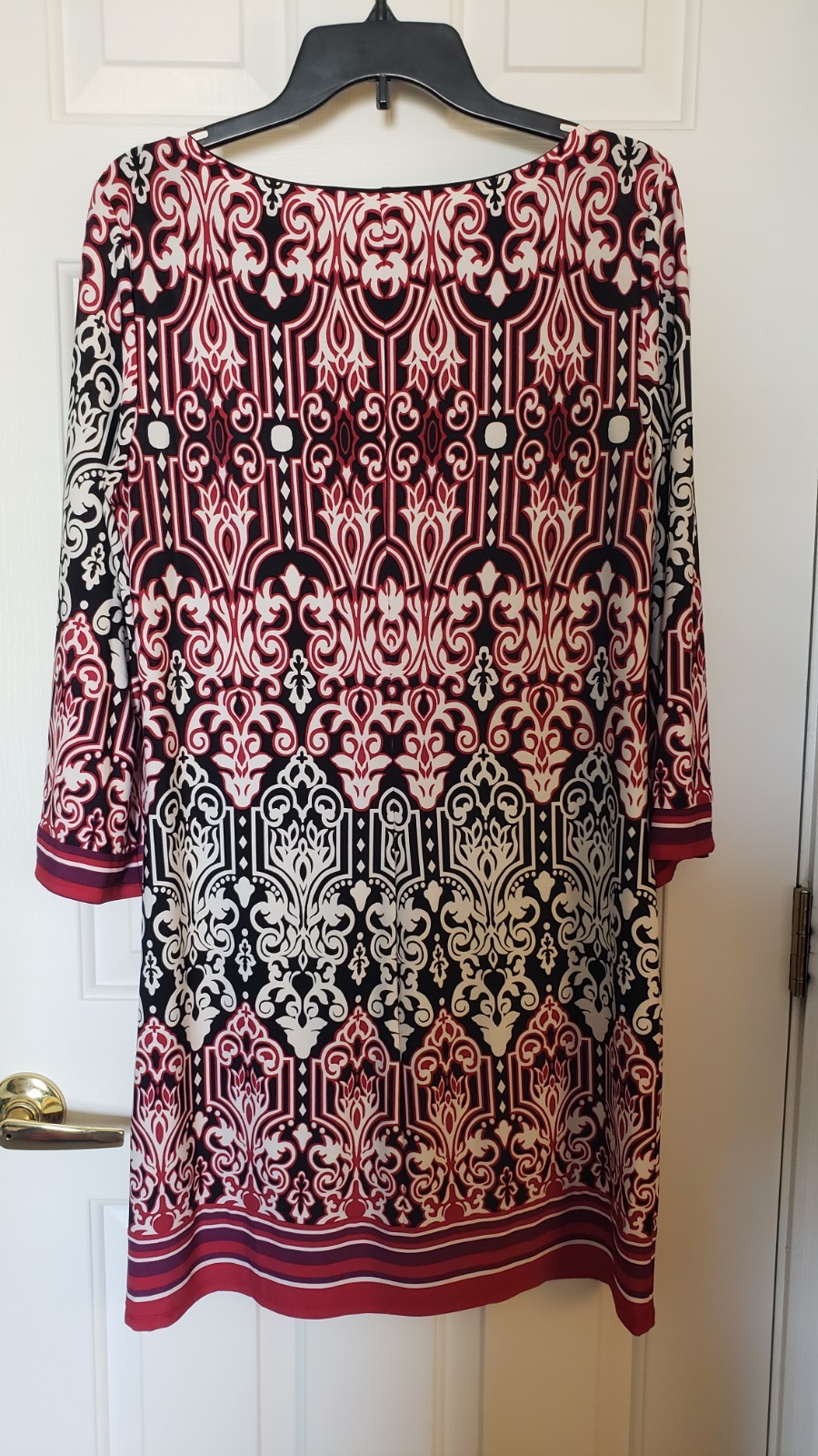 Laundry by Design Sz 10 Dress Geometric Print VNeck 3/4 Bell Sleeve Black Lined