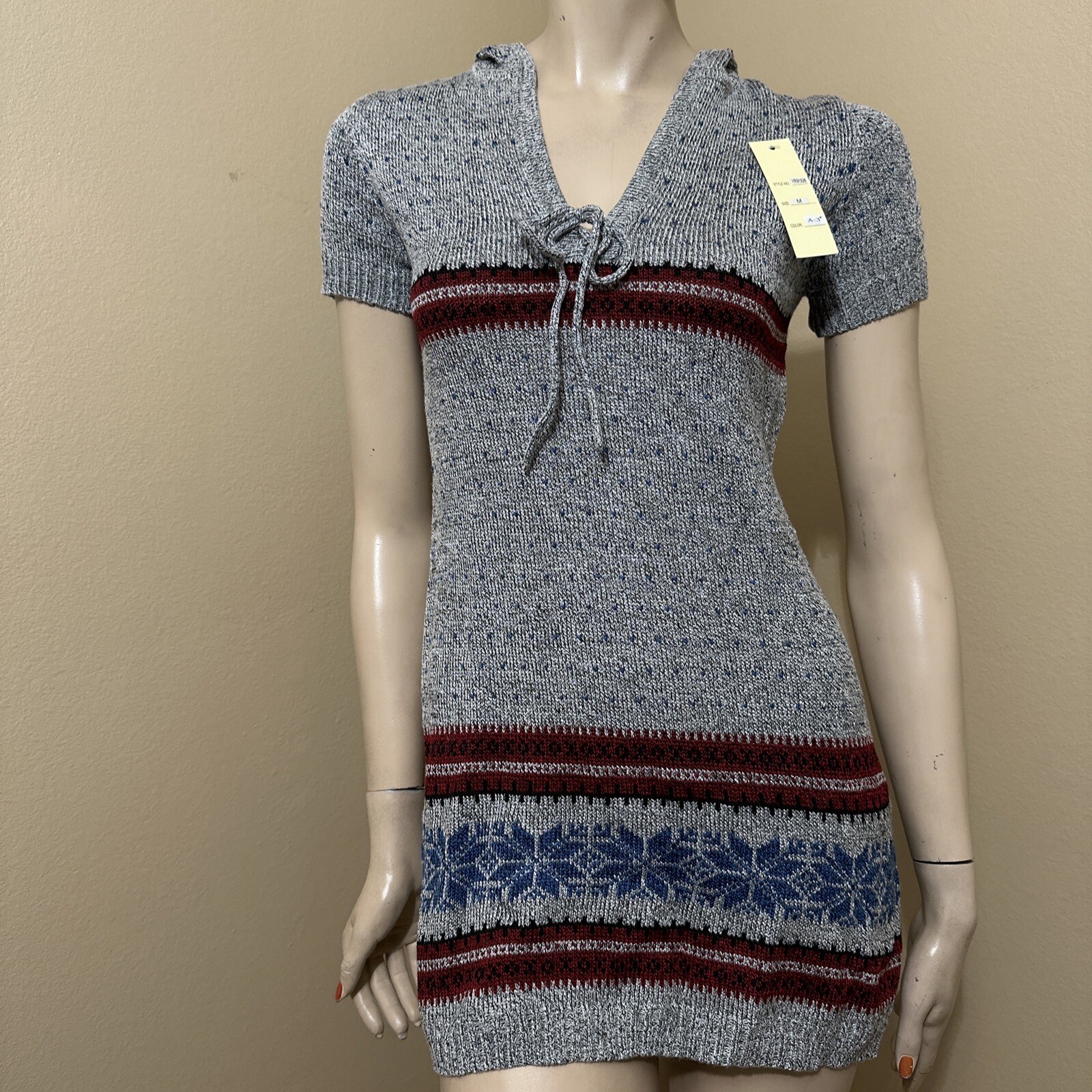 Women’s Grey Striped Acrylic Casual Stretch Slim Tied Hooded Size M Dress Tunic