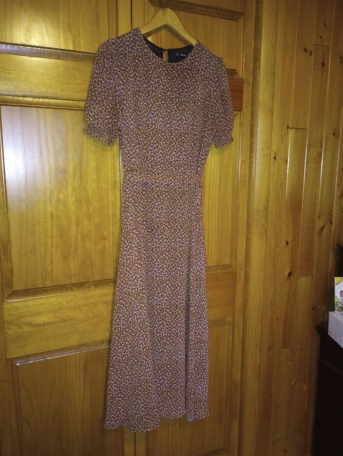 Calico Prairie Dress Brown Sz Large Boho Midi puff sleeve lined belt zip keyhole