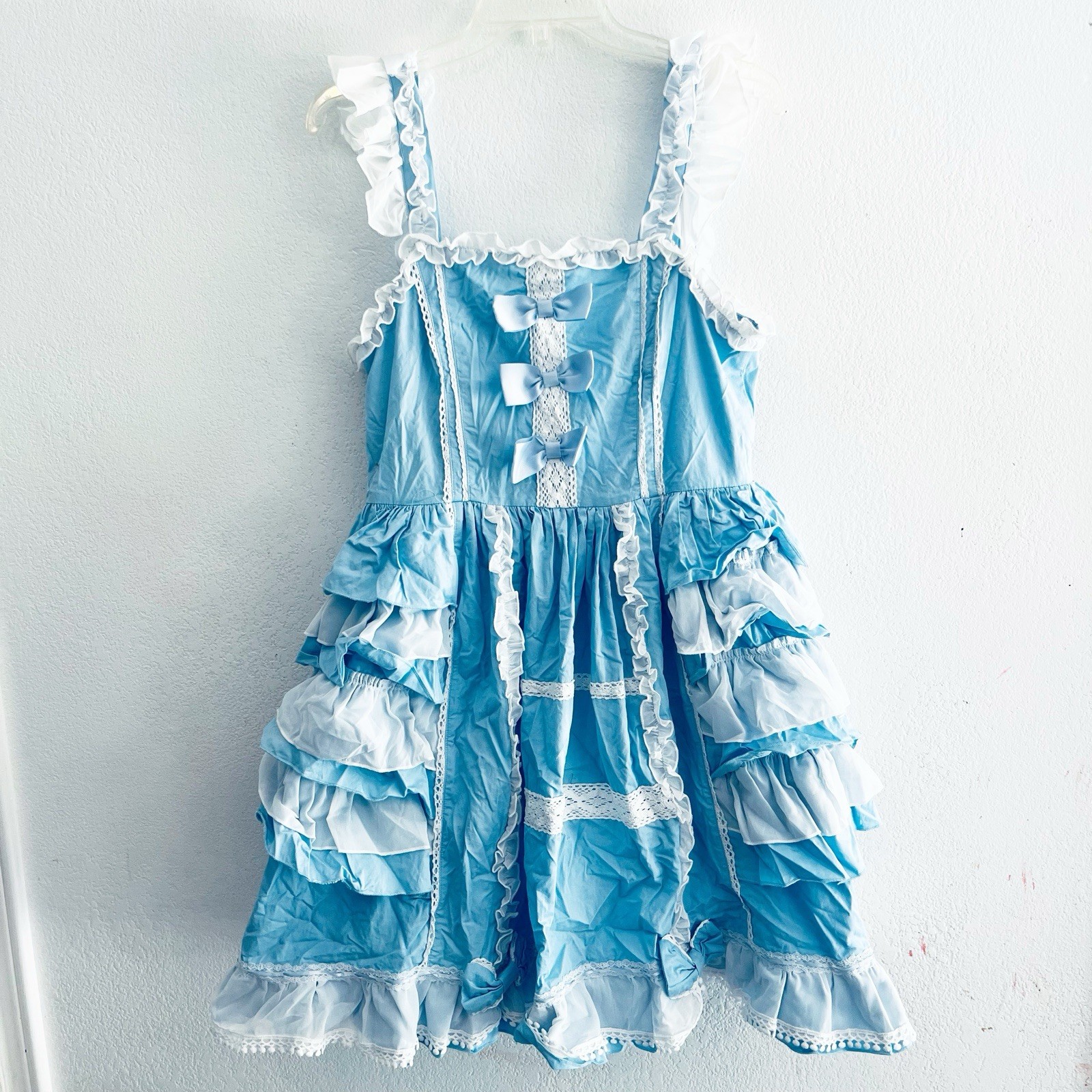 Litasi Women’s Size L Blue Lolita Ruffle Bows Coquette Tiered Sleeveless Dress