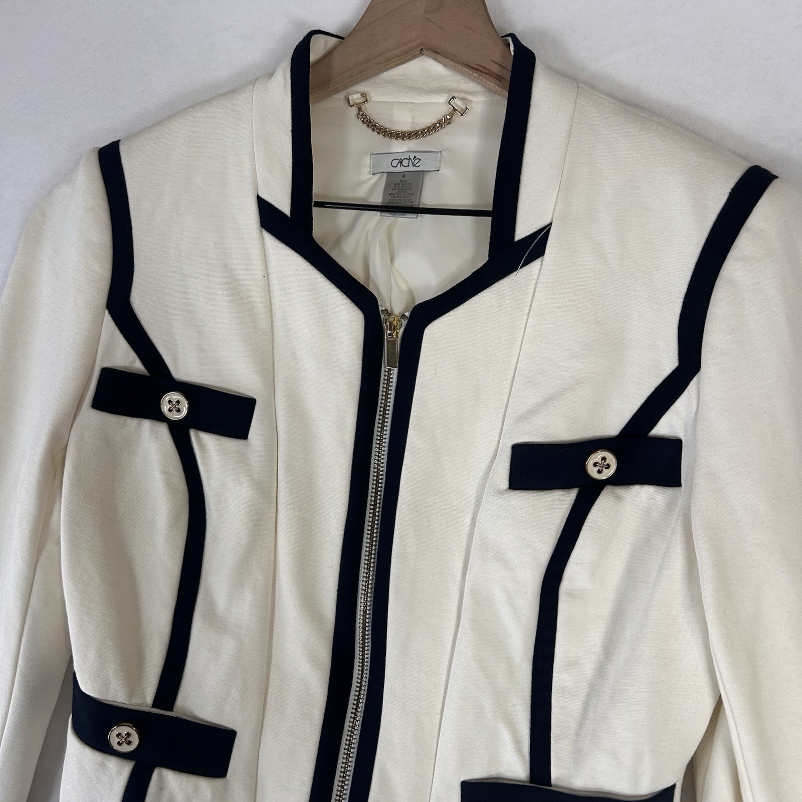 Cache Womens Blazer Size 4 White Black Trim Zip Cropped Military Jacket