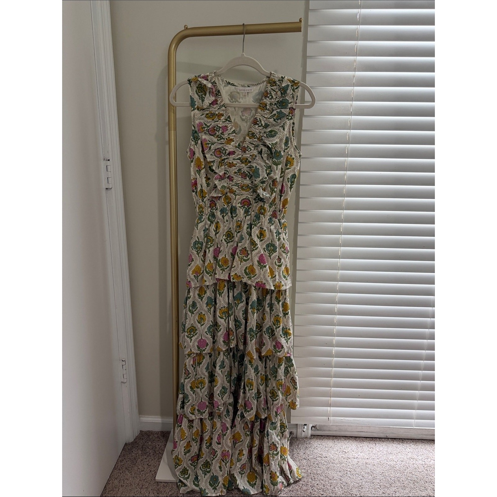 Tuckernuck Anna Cate Floral Tiered Maxi Dress in White with Pink, Yellow & Green
