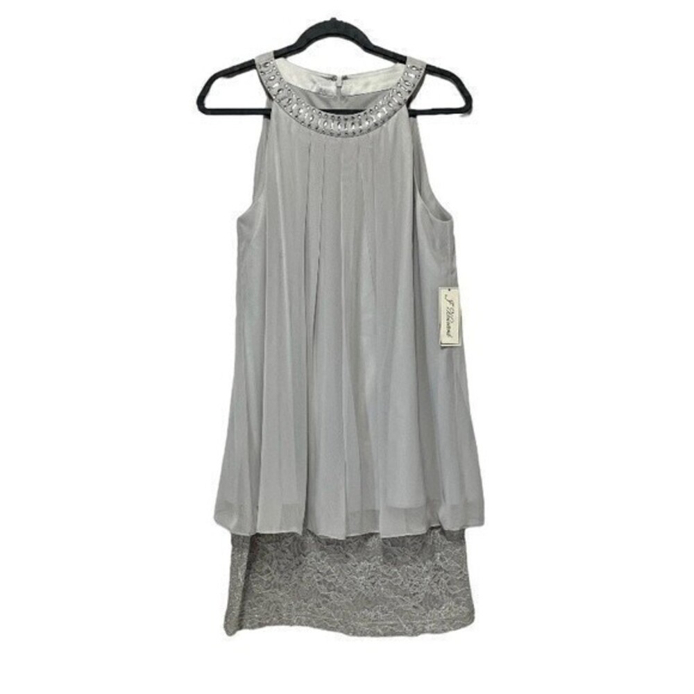 J Howard Silver Beaded Neckline Chiffon Overlay Lace Dress Size 12 NWT Flawed