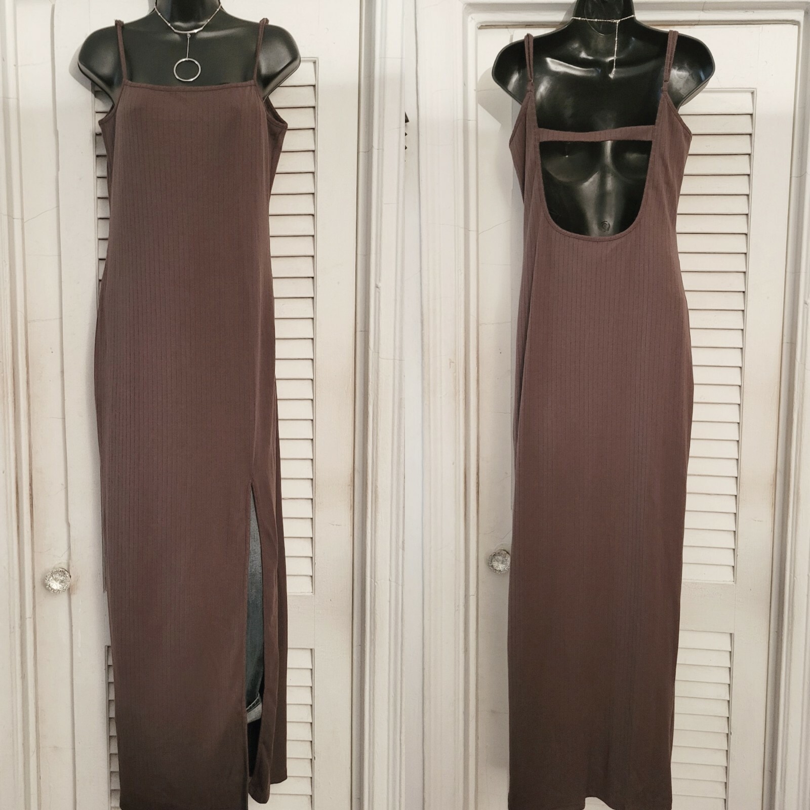 2 Piece Mocha Brown Ribbed Mock Neck Cutout Front Back High Split Maxi Dress L