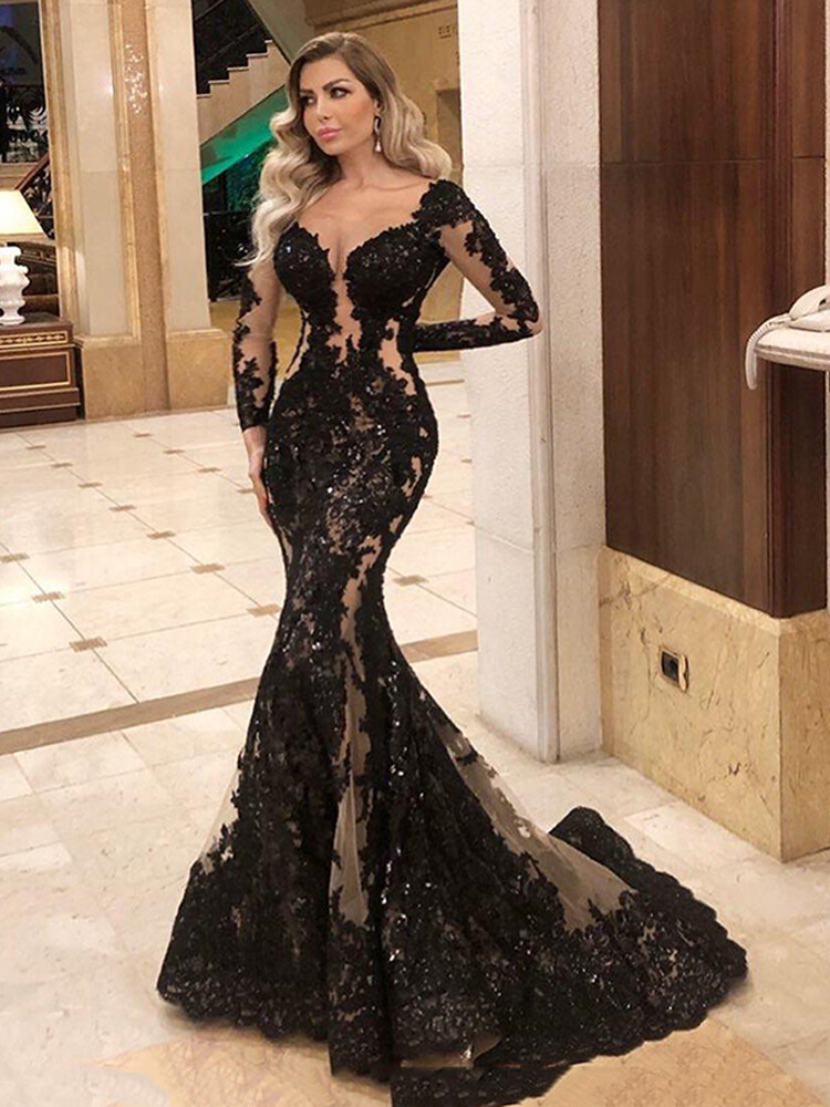 Long Sleeve Deep V Black Lace Sequin Mermaid Evening Gown Train Custom