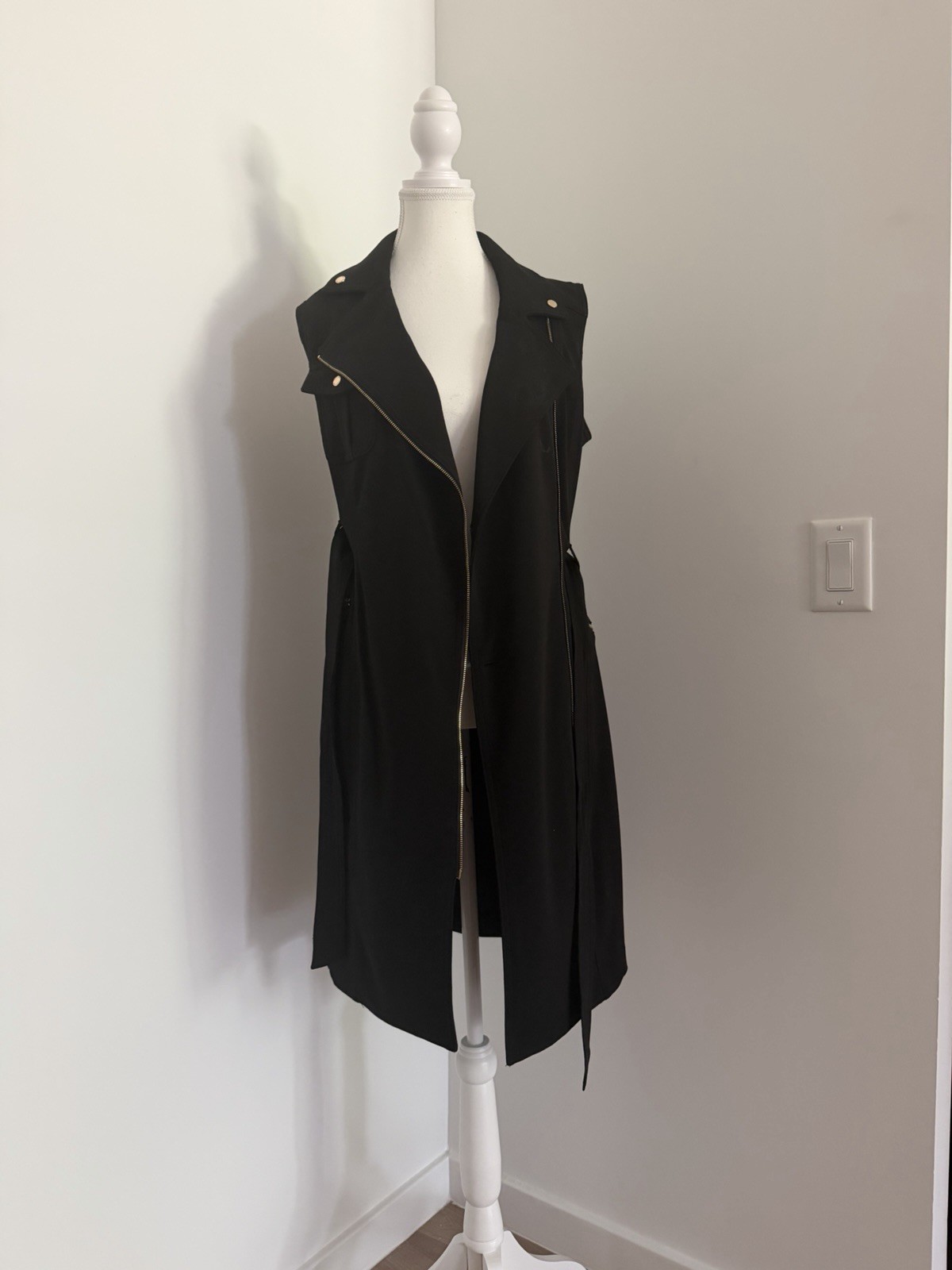 Elegant Black Moto-Inspired Zip Front Dress with Gold Hardware