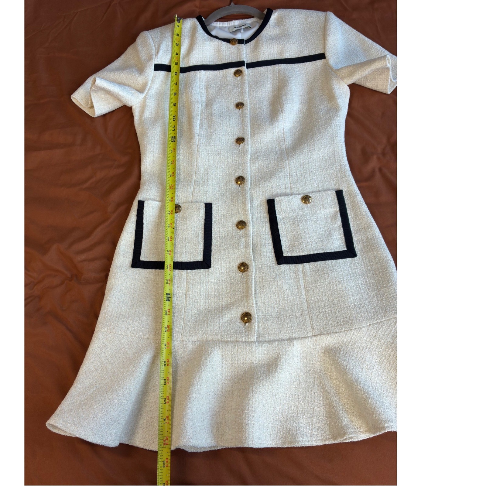 Sandro Paris Ecru Tweed Mini Dress Contrast Trim Gold Buttons SFPRO02890 Size 1
