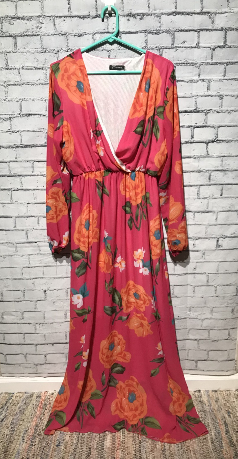Haoohu, 3XL, Pink Floral V-Neck Long Sleeve Sheer/Chiffon Boho Flowy Sundress