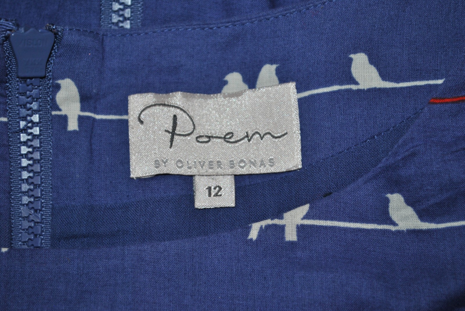 Poem by Oliver Bonas Blue Bird Print Cotton Sleeveless Fit & Flare Dress Size 12