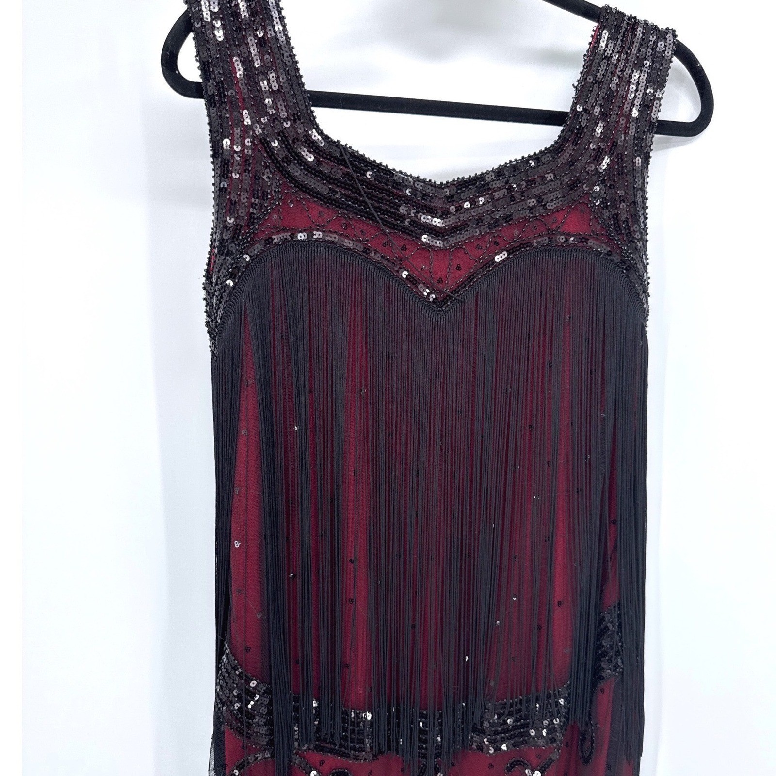 Flapper Sequin Great Gatsby 1920’s Style Fringe Dress Large Red Black Sequin