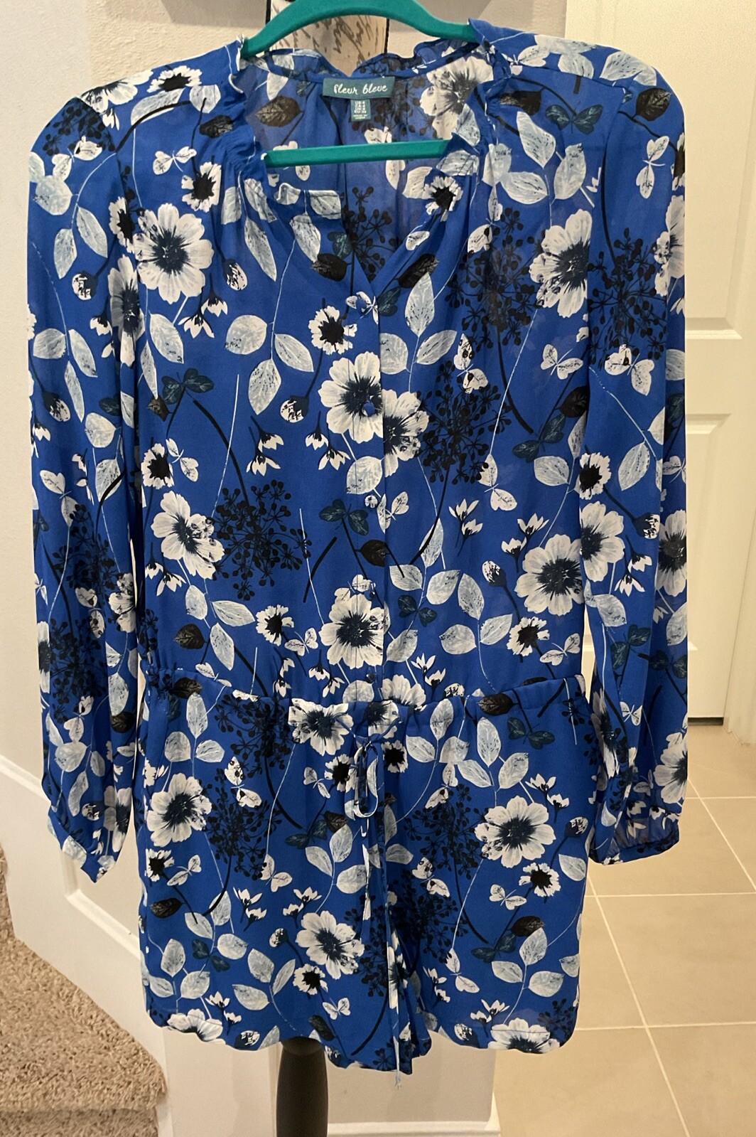 FLEUR BLEUE ROMPER/SHORTS Sz 4 Beautiful Blue w/ White-Black Floral Print NEW
