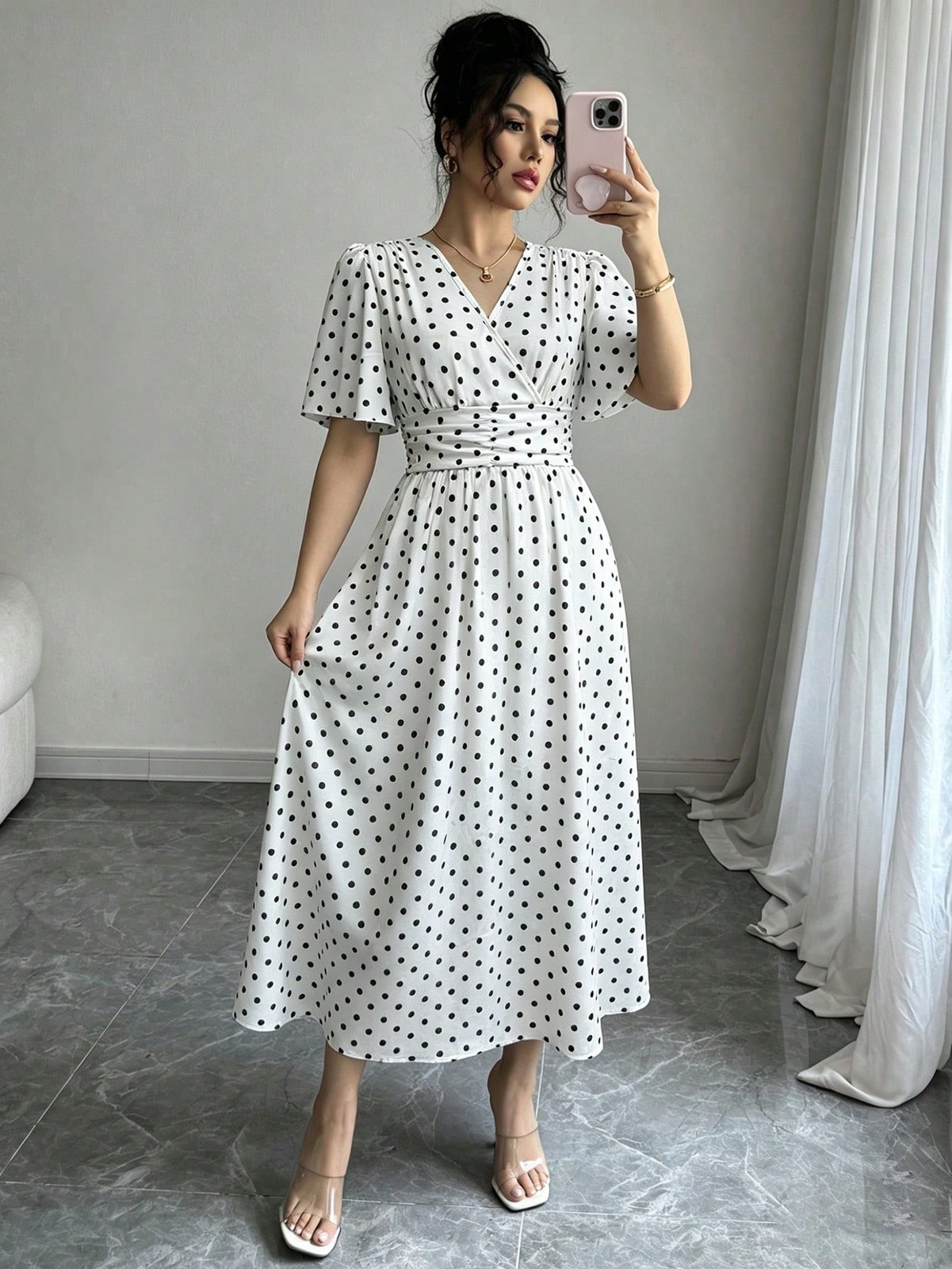 Elegant Polka Dot Pattern V Neck Midi Dress