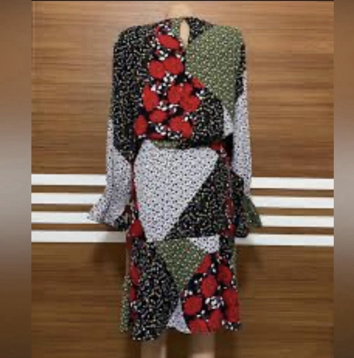 Libby Edelman Patchwork Floral A-Line Dress Long Sleeve Tie Smocked M