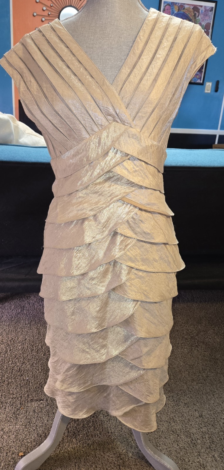 Adrianna Papell Cocktail Dress US Women Size 16 Champagne Gold Mesh Ruffle Tiers