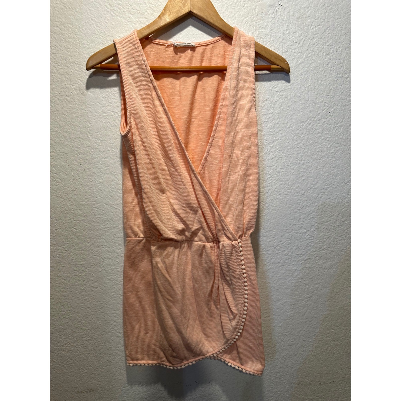 Lulu Sage The Label Peach Ribbed Sleeveless Wrap Dress Pom Pom Trim XS