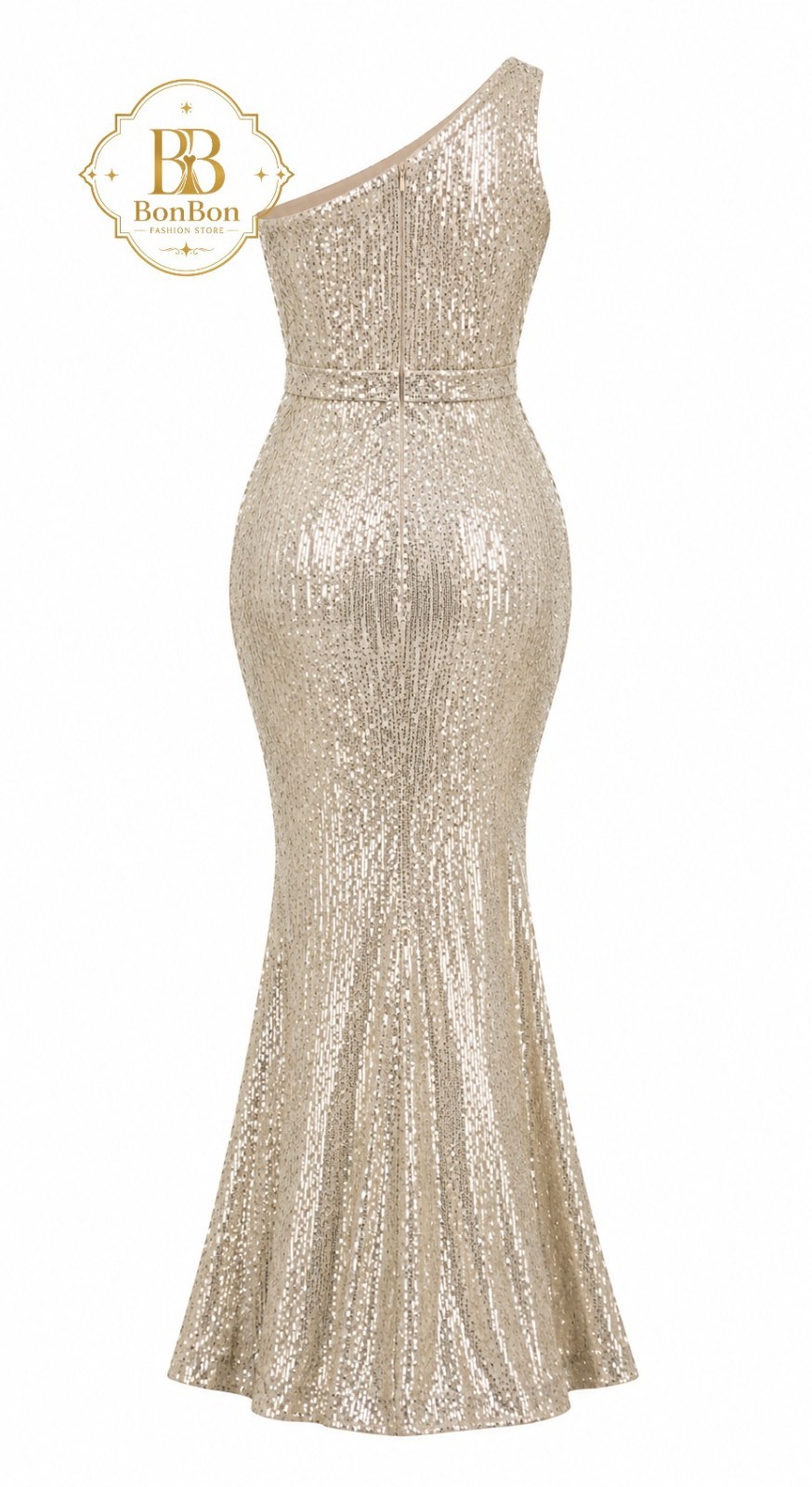 Champagne One Shoulder Sequin Evening Dress Mermaid Formal Maxi Party Gown