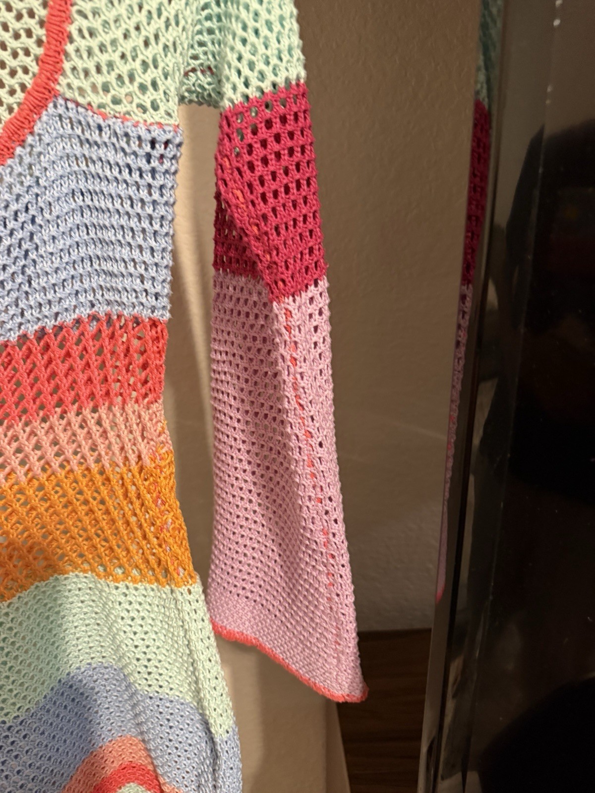 Multicolor Striped Open Knit Square Neck Long Sleeve Sweater Mini Dress Size M