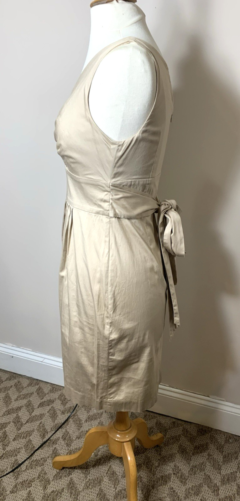 Talbots Sundress Womens Petite 8 Khaki Cotton Stretch Neutral Bow V-Neck