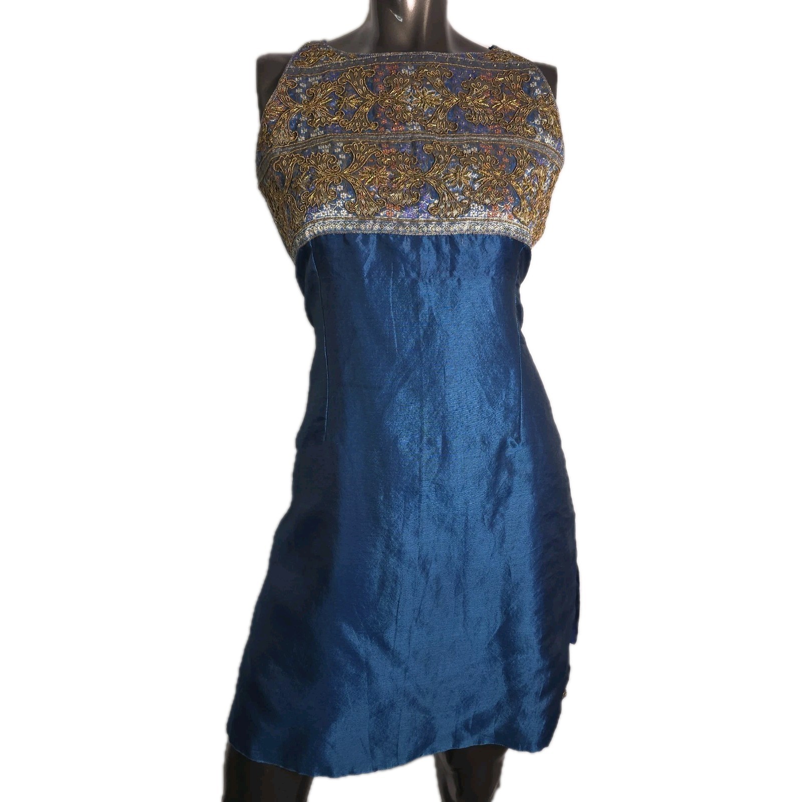 Rapunzel Beaded Silk Dress Blue Gold Embroidered Boho Festival Sheath Thigh Slit