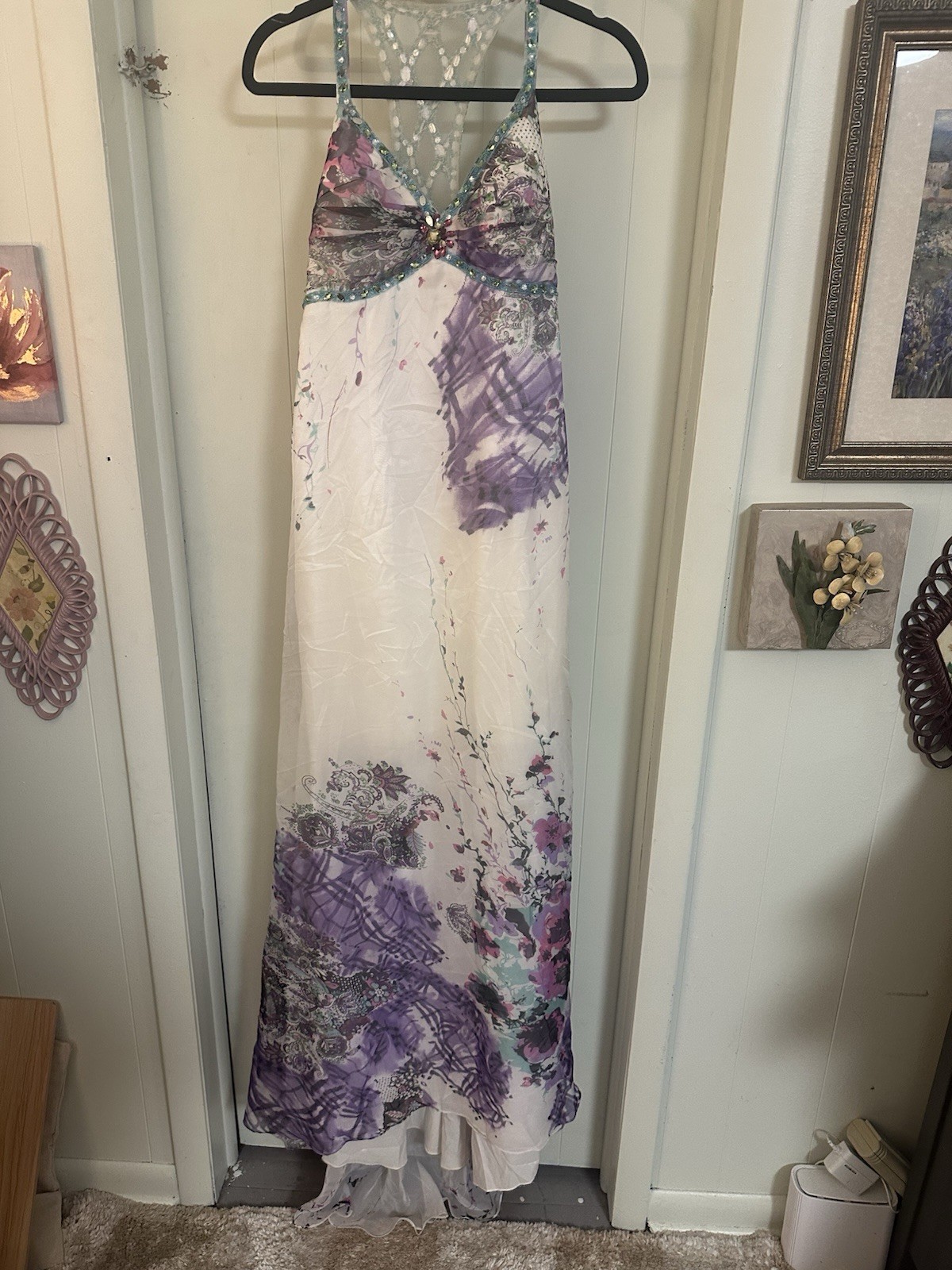 Dave & Johnny Dress Pink , Purple White Beaded Sequin Halter Gown Y2K Prom