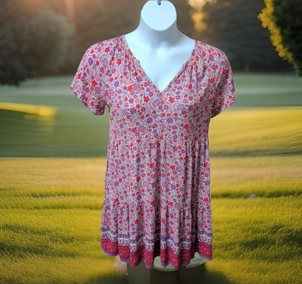 Knox Rose Baby Doll Pink Floral Dress SS Rayon Cottage Peasent Pockets Sz M