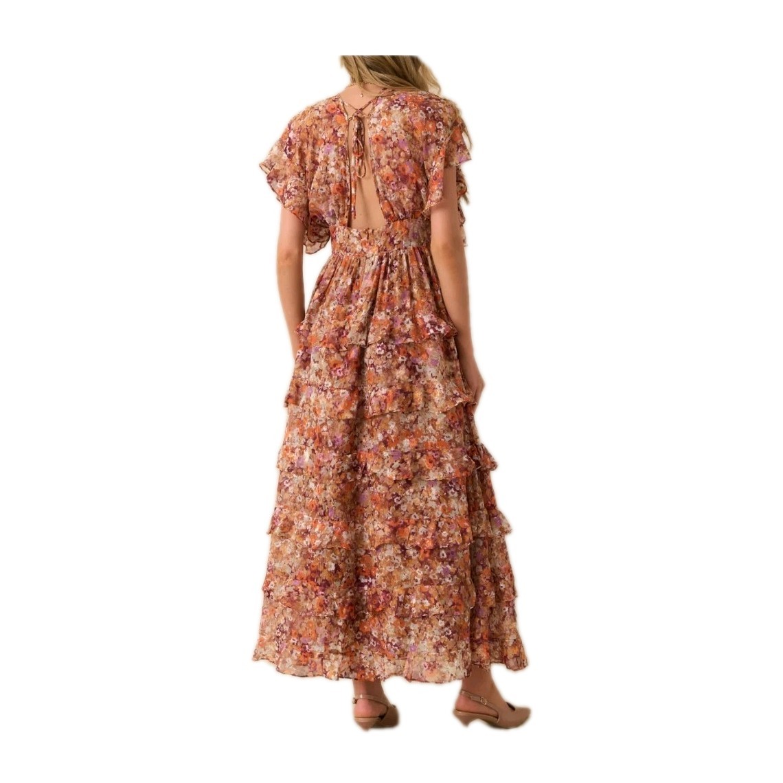 STORIA Bloom To Bloom Terracota Multi Floral Print Ruffle Maxi Dress Size SMALL