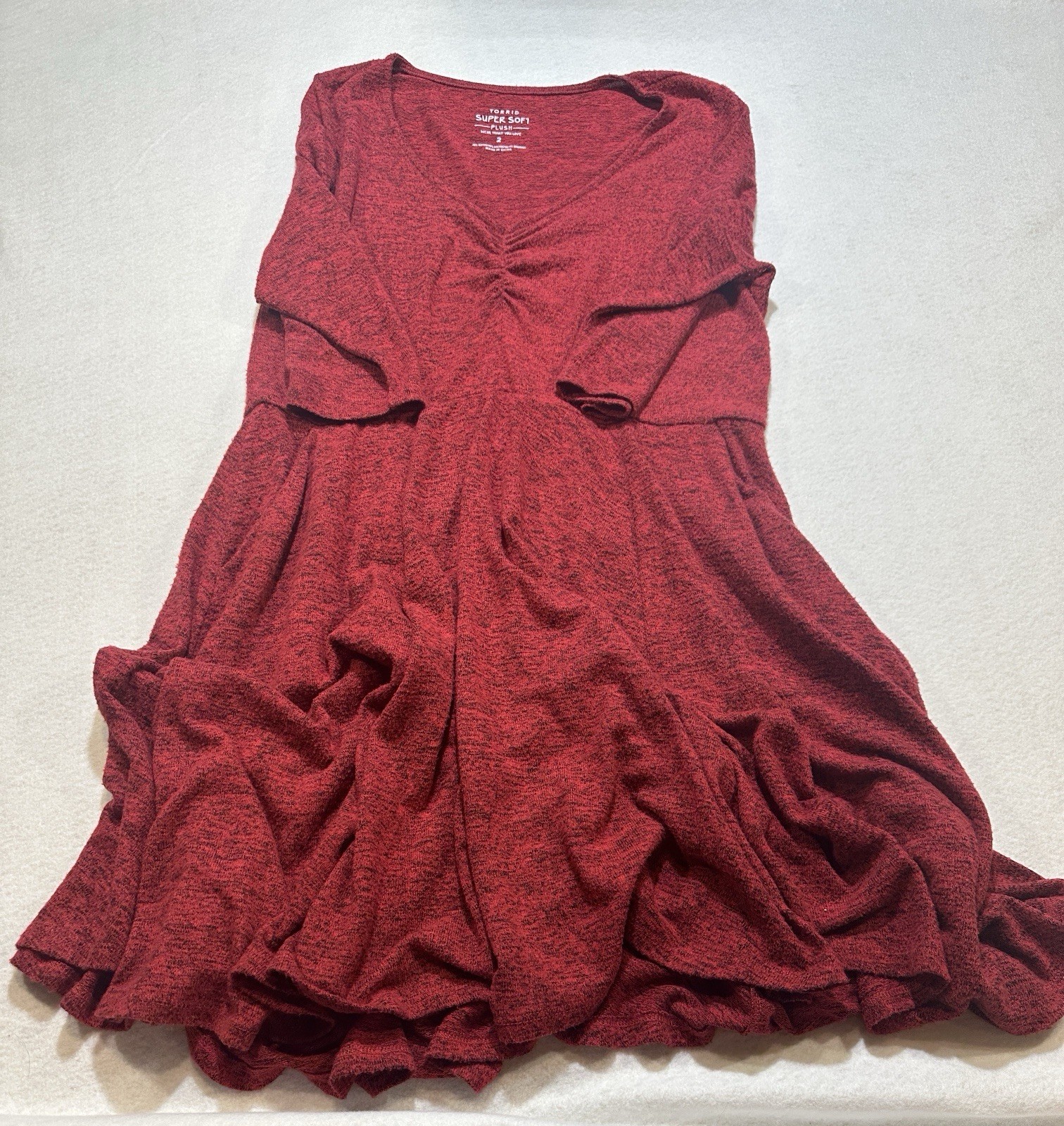 Torrid Red Heathered Fit Flare Dress V Neck Ruched Bust 3/4 Sleeve Midi soft