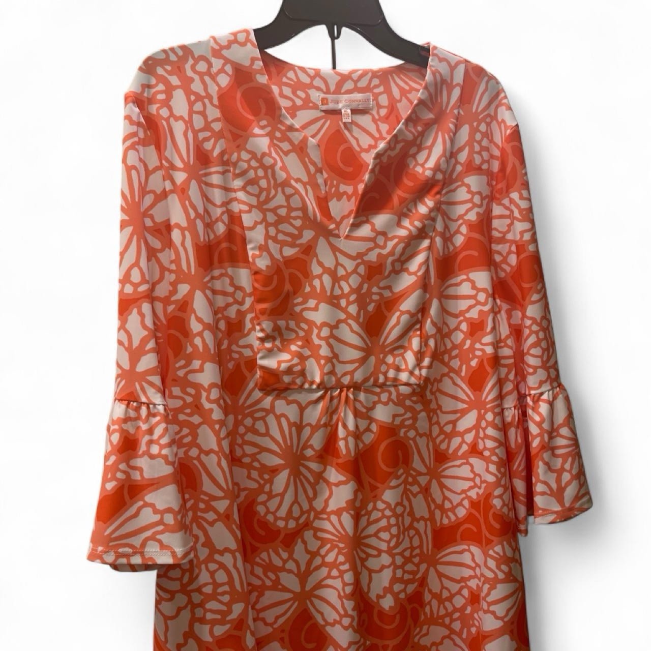 Jude Connally Orange White Floral V-Neck 3/4 Bell Sleeve Shift Dress XL